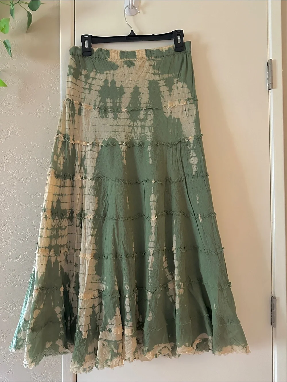 Tiered Maxi Skirt - size Small- Olive Green and beige tie-dye by Metro Wear - Picture 4 of 7